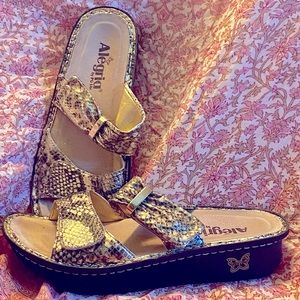 Alegria KAR-236 Golden Snake Print Leather Sandals Slides double Velcro closure